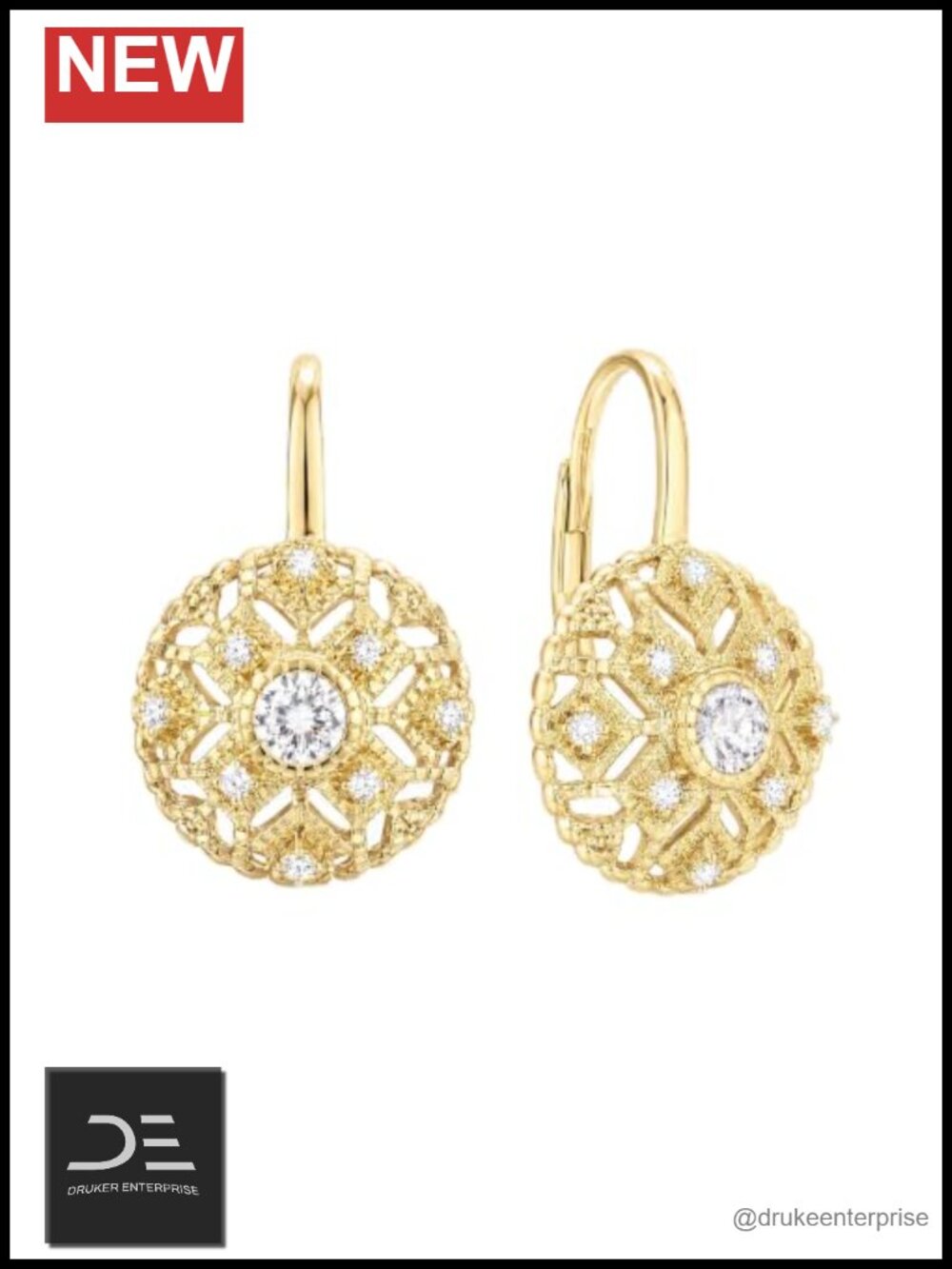 14K Gold Leverback Drop Earrings Filigree Cubic Zirconia Vintage Dangle